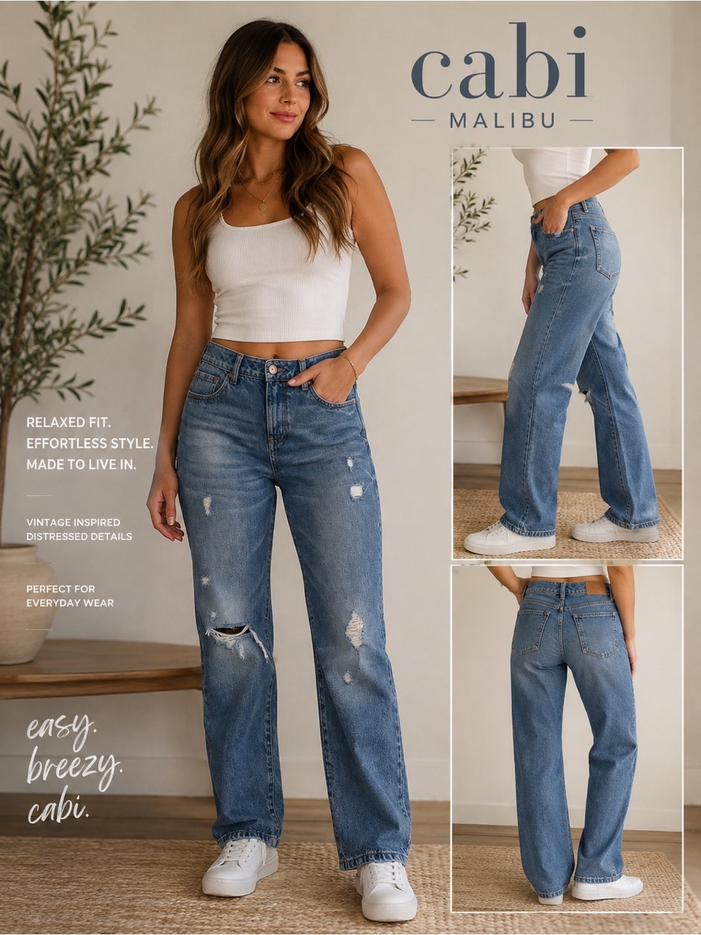Cabi Malibu Distressed Straight Leg Jeans - 100% Cotton - Size 6